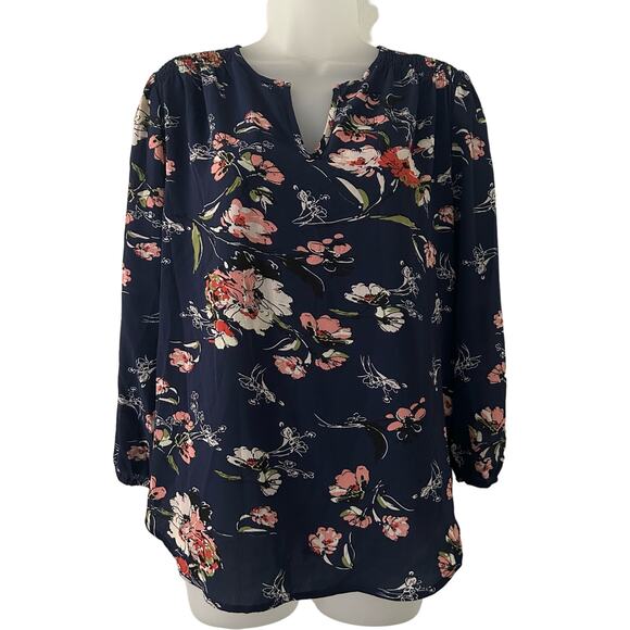 Fun2fun Women's Blouse Navy Floral Split Neck Long Sleeve Top S Small NWOT - Picture 3 of 10